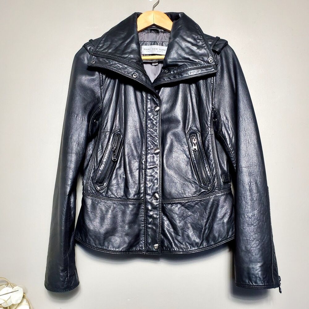 Marc New York Moto Black Leather Jacket Womens Size Medium Motorcyle Biker Cool